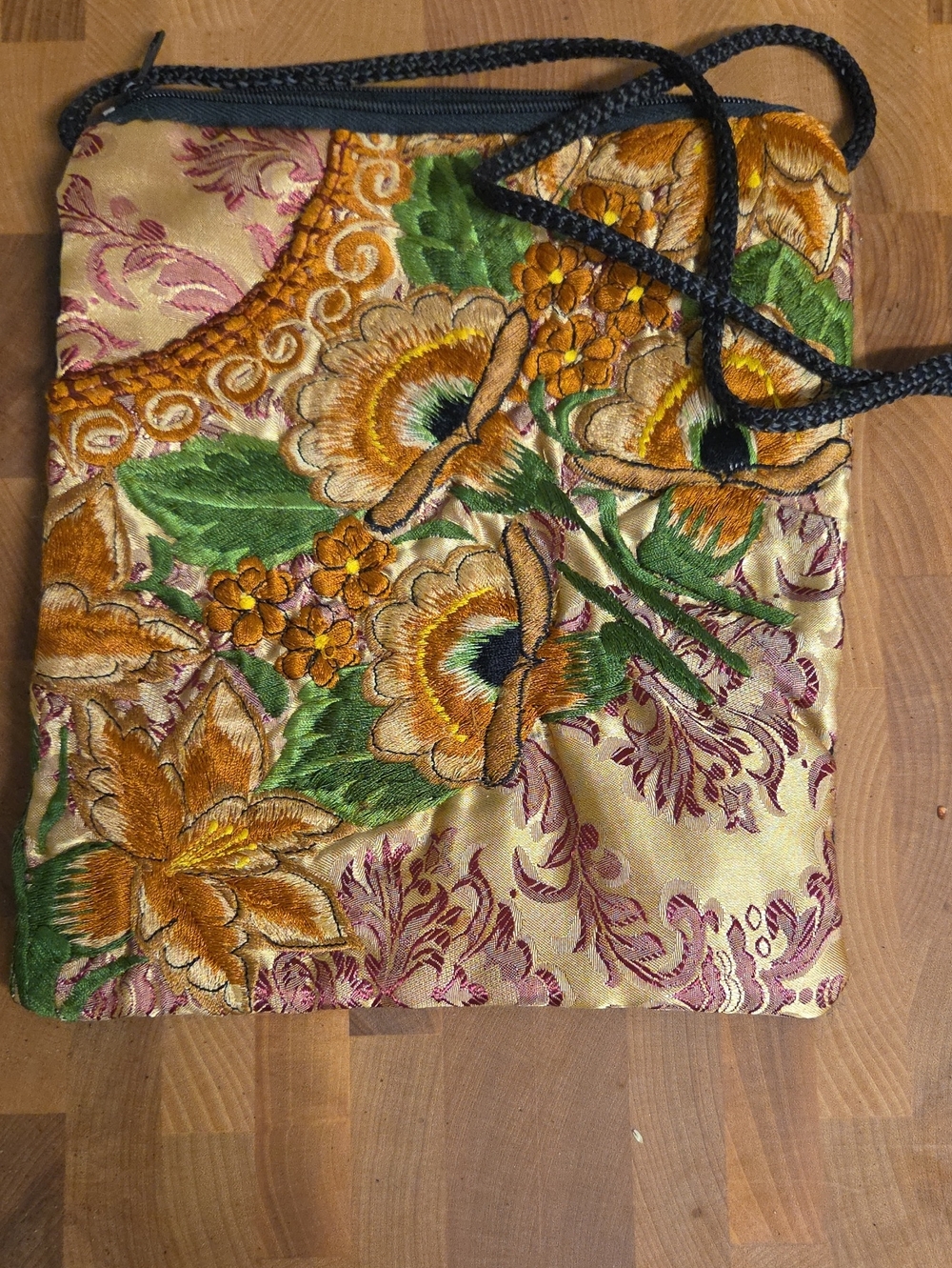Embroidered Floral Silk Crossbody Bag - Gold & Green